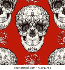 Seamless pattern, background with sugar  skull and floral patter