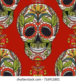 Seamless pattern, background with sugar  skull and floral patter