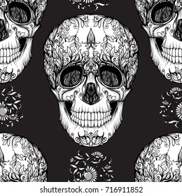 Seamless pattern, background with sugar  skull and floral patter