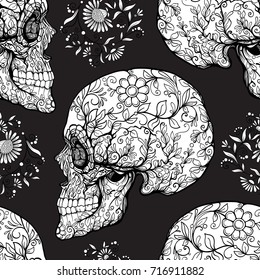 Seamless pattern, background with sugar  skull and floral patter