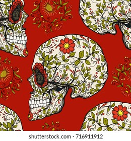 Seamless pattern, background with sugar  skull and floral patter