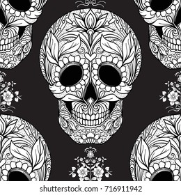 Seamless pattern, background with sugar  skull and floral patter