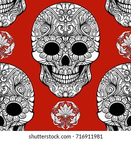 Seamless pattern, background with sugar  skull and floral patter