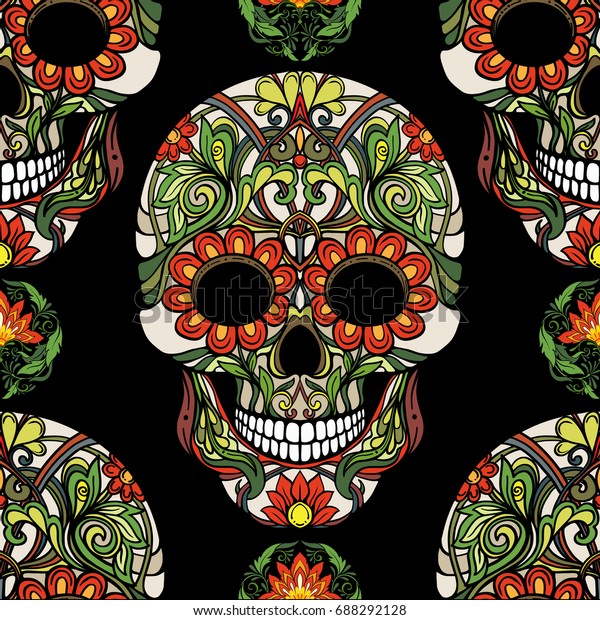 Seamless Pattern Background Sugar Skull Floral Stock Vector Royalty