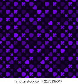 Seamless pattern background with suits hearts, diamonds, clubs, spades. Vector purple illustration. Modern stylish ornament texture for casino decor, wrapping paper, carpet or clothing textile print