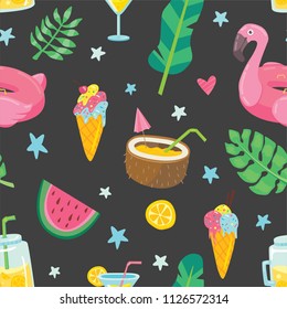 Seamless pattern background with summer tropical elements. Flamingo pool ring, coconut cocktail, watermelon and icecream. Trendy hipster textile ornament