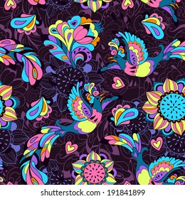 Seamless pattern or background with Sunbird Phoenix and sunflower in violet style for your design