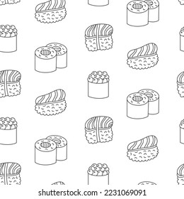 Seamless pattern background with sushi hand drawn doodles. Contour drawing, Simple line vector backdrop, print, wallpaper.