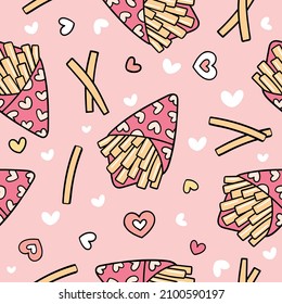 Seamless pattern background sweet fries valentines and heart Love concept Doodle cartoon style