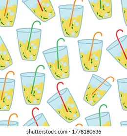 Seamless pattern background. Sweet lemonade with ice, mint and lemon slices.