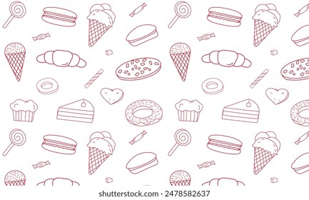 seamless pattern, background with sweets, for cafes, coffee shops, bakeries in pink and white	