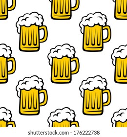 Seamless pattern background of tankards filled with golden lager or beer with white frothy heads