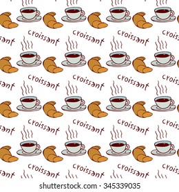 Seamless pattern background with tasty croissant and coffee doodle