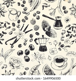 Seamless pattern background with tea and coffee related items 