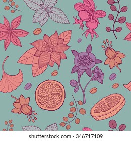 Seamless pattern background with tea herb and condiments