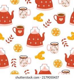 Seamless pattern background. Tea party pattern on white. Cute illustration of cups, kettle,
ginger and orange.
Decorative elements with traditional hot drinks for your packing design.
