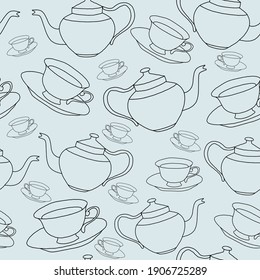 Seamless pattern background with teapots and cups