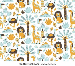 Seamless pattern, background, textile. Set, collection of cute safari wild animals. Pastel colors and neutral tones, blue, mint, yellow and brown colors. White background