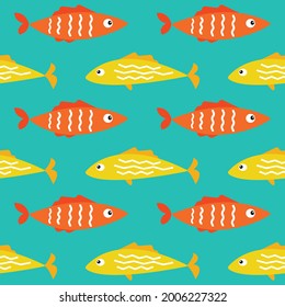 Seamless pattern background texture with colorful yellow and orange cartoon flat tropical sea fish. Sealife underwater summer mood textile print. Gift wrapping paper. Backdrop. Repeating vector tile.