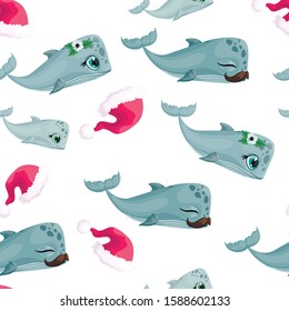 Seamless pattern background texture cute whale family. Mom, dad and baby and hat Santa. Cristmas vector illustration. For children, fashion and stationery, children's, scrapbooking, home decor and