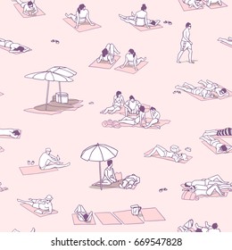 Seamless pattern / background / texture with people sunbathing on sand beach with vintage colors