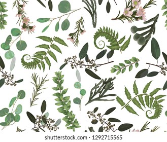 Seamless pattern, background, texture print with light watercolor hand drawn green eucalyptus ,forest fern, branches boxwood, brunia, buxus. Tender, elegant textile fabric, wrapping paper 