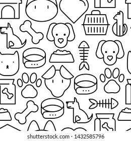 Seamless Pattern And Background With Thin Line Icons Related To Pets And Animals For Pet Shop Websites And Prints. Vector Illustration.