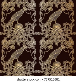 Seamless pattern, background with thistle flower and bird, in art nouveau style, vintage, old, retro style. Stock vector illustration.