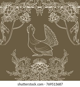 Seamless pattern, background with thistle flower and bird, in art nouveau style, vintage, old, retro style. Stock vector illustration.