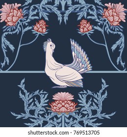Seamless pattern, background with thistle flower and bird, in art nouveau style, vintage, old, retro style. Stock vector illustration.
