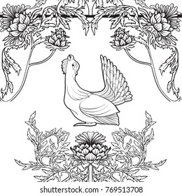 Seamless pattern, background with thistle flower and bird, in art nouveau style, vintage, old, retro style. Stock vector illustration.