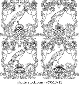 Seamless pattern, background with thistle flower and bird, in art nouveau style, vintage, old, retro style. Stock vector illustration.