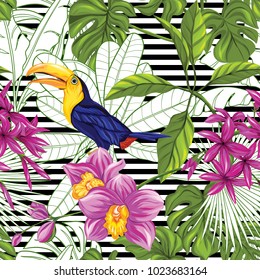 Seamless pattern, background with toucan and tropical plants on b&w stripes background.   Hand drawn colorful vector illustration without transparent and gradients.