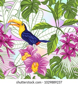 Seamless pattern, background with toucan and tropical plants on vanilla background.   Hand drawn colorful vector illustration without transparent and gradients.
