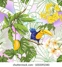 Seamless pattern, background with toucan and tropical plants on vanilla background.   Hand drawn colorful vector illustration without transparent and gradients.