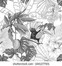 Seamless pattern, background with toucan and tropical plants on white background. Hand drawn monochrome vector illustration without transparent and gradients.