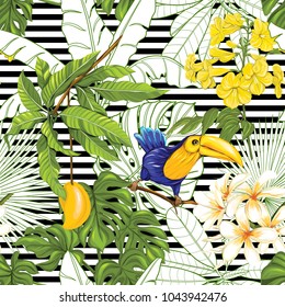 Seamless pattern, background with toucan and tropical plants on b&w stripes background.   Hand drawn colorful vector illustration without transparent and gradients.