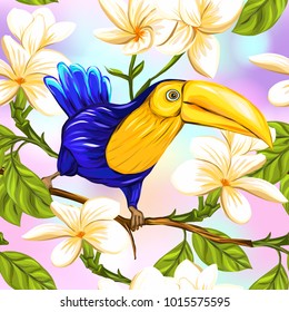 Seamless pattern, background with toucan and white plumeria on vanilla background. Hand drawn colorful vector illustration without transparent and gradients.