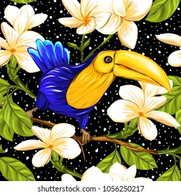 Seamless pattern, background with toucan and white plumeria on black background. Hand drawn colorful vector illustration without transparent and gradients.