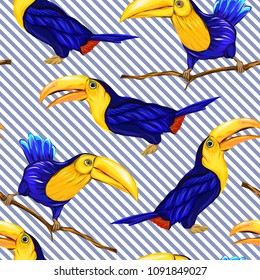 Seamless pattern, background  with toucans.  Realistic drawing, animalism. Vector illustration without gradients and transparency.  On blue and white diagonal stripes background.