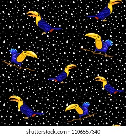 Seamless pattern, background  with toucans.  Realistic drawing, animalism. Vector illustration without gradients and transparency.  On black  background. with white dots