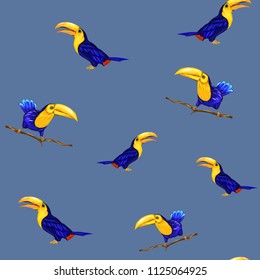 Seamless pattern, background  with toucans.  Realistic drawing, animalism. Vector illustration without gradients and transparency.  On blue  background. 