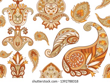 Seamless pattern, background with traditional paisley. Floral vector illustration in damask style. Colored vector illustration.
