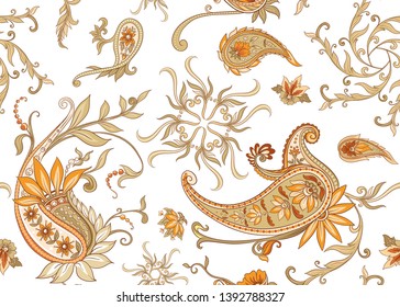 Seamless pattern, background with traditional paisley. Floral vector illustration in damask style. Colored vector illustration.
