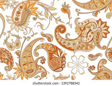 Seamless pattern, background with traditional paisley. Floral vector illustration in damask style. Colored vector illustration.
