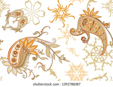 Seamless pattern, background with traditional paisley. Floral vector illustration in damask style. Colored vector illustration.
