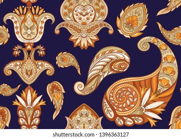 Seamless pattern, background with traditional paisley. Floral vector illustration in damask style. Colored vector illustration.
