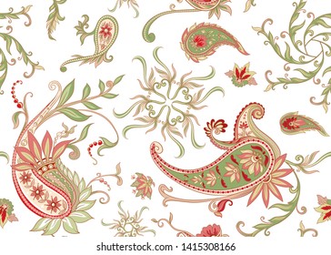 Seamless pattern, background with traditional paisley. Floral vector illustration in damask style. Colored vector illustration.
