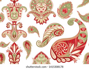 Seamless pattern, background with traditional paisley. Floral vector illustration in damask style. Colored vector illustration.
