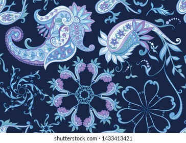 Seamless pattern, background with traditional paisley. Floral vector illustration in damask style. Colored vector illustration.
